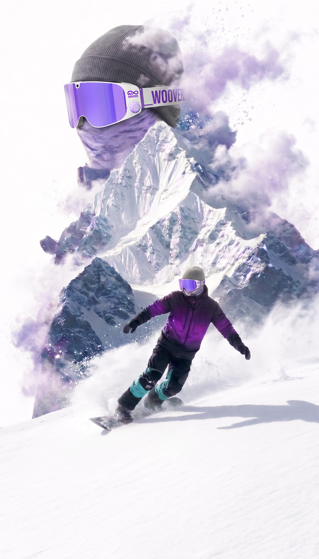 WOOVERSE brand artwork — mountain face with goggles